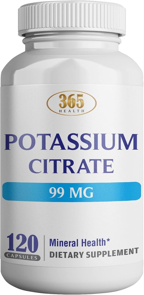 Potassium de santé (Citrate) - Supplément électrolytique essentiel pour soutenir la fonction nerveuse et musculaire Santé cardiaque et énergie* - Capsule de citrate de potassium - 120 Capsules