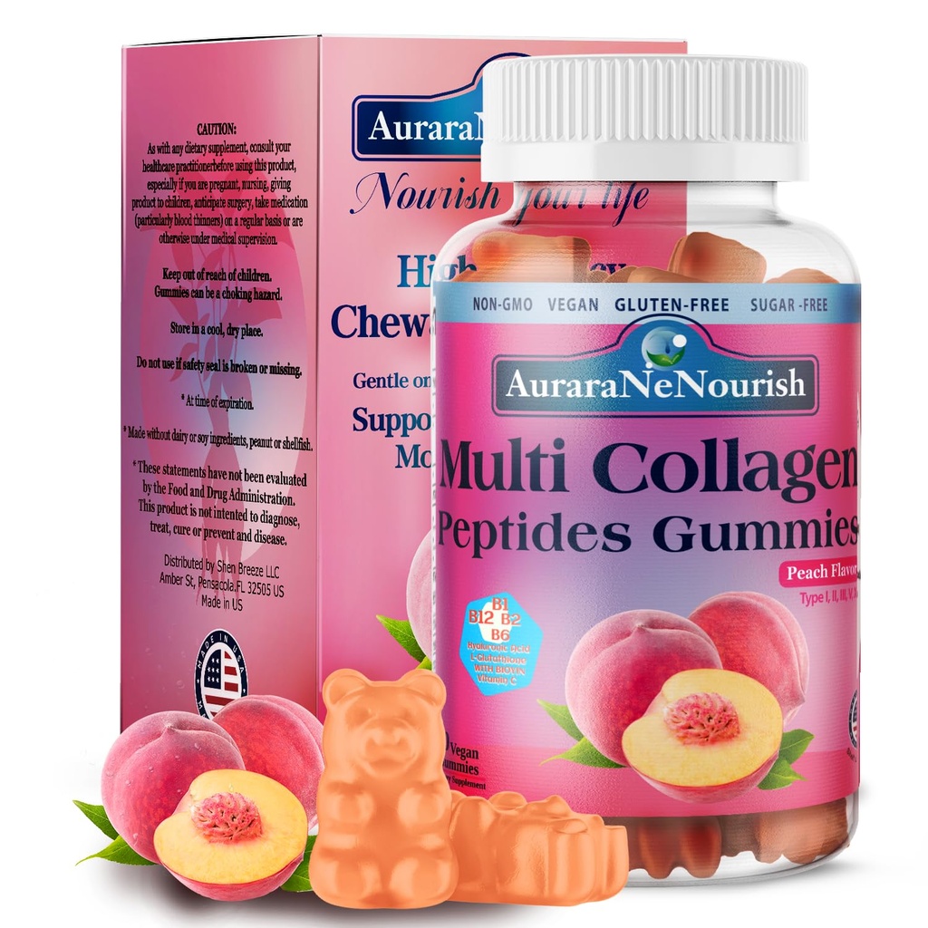 Multi collagène Peptides Gommies, sans sucre Hydrolysés 5000mg Protéines de type I,II,III,V,X avec biotine Acide hyaluronique Vitamine C A D B6 B12 L-Glutathion pour les ongles de peau