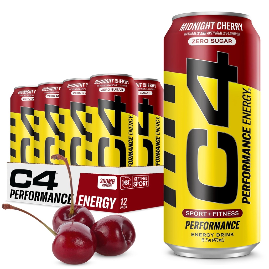 C4 Énergie Carbonée Zéro Sucre Consommation d'énergie, Pré-entraînement boisson + Beta Alanine, Cerise de minuit, 16 Fl Oz (paquet de 12)