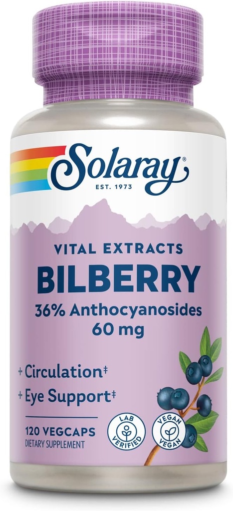 SOLARAY Bilberry Berry Extract 60 mg par gélule, puissant antioxydant, puissance garantie pour une vision saine et un support de circulation 120 VegCaps