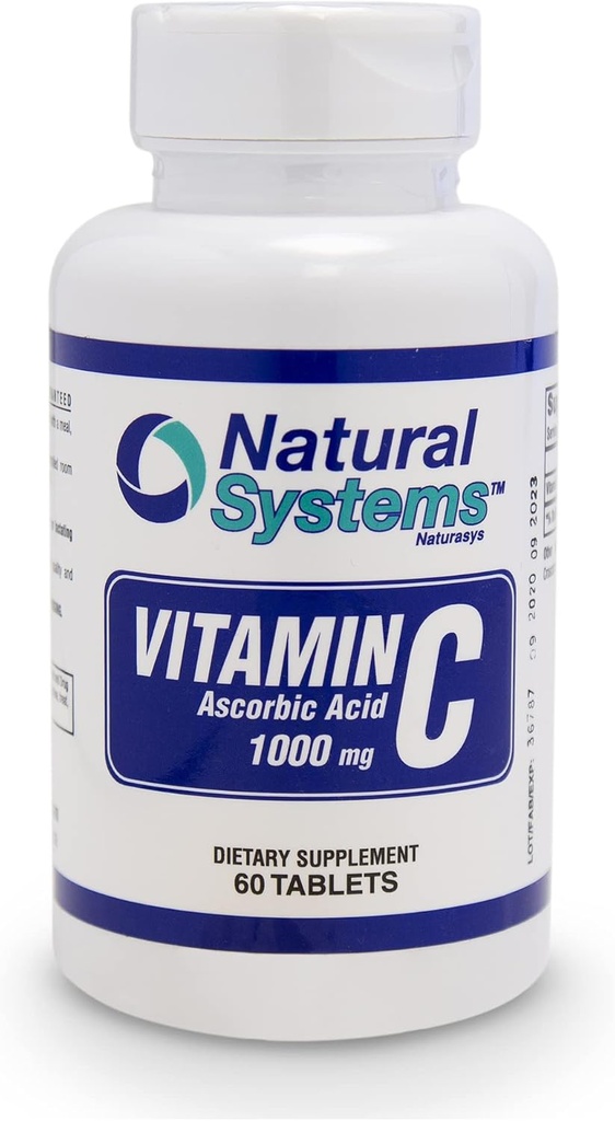Comprimés de vitamine C 1000mg - 60 Tables - Parfait pour le soutien et le système immunitaire par systèmes naturels - Supplément alimentaire de vitamine C - Acide ascorbique 1000mg - Fabriqué aux États-Unis - Vitamine C - VIT C