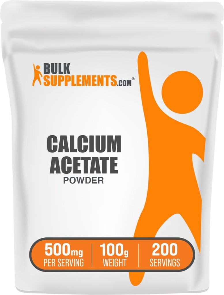 BulkSupplements.com Poudre d'acétate de calcium - Supplément de calcium, grade alimentaire - Sans gluten et pur, 500mg par portion, 100g (3,5 oz) (paquet de 1)