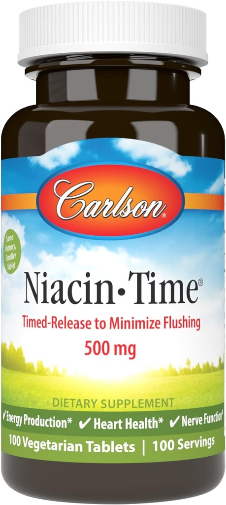 Carlson Niacin-Time 500 mg, vitamine B-3, libération dans le temps, 100 comprimés