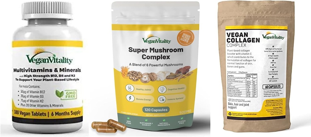 Suppléments Vegan Vitality Booster Bundle - Multivitamines Vegan, Collagène et Complexe Super Champignon. Formule à base de plantes haute résistance pour la santé globale des végétaliens et des végétariens