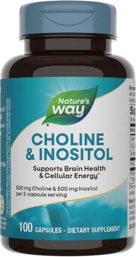 Nature's Way Choline & Inositol, soutient la santé cérébrale et l'énergie cellulaire*, 500 mg Choline & 500 mg Inositol par portion de 2 capsules, sans gluten, 100 capsules (paquetage mai vary)