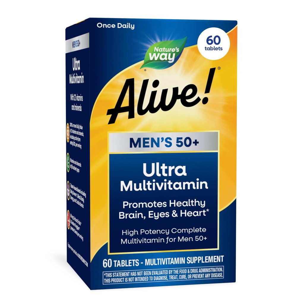 La nature est vivante ! Hommes 50+ Multivitamine quotidienne, formule haute puissance, soutient cerveau, yeux et coeur sains*, avec B12 méthylé, sans gluten, 60 comprimés (paquetage mai vary)