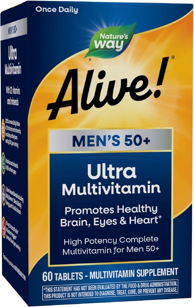 La nature est vivante ! Hommes 50+ Multivitamine quotidienne, formule haute puissance, soutient cerveau, yeux et coeur sains*, avec B12 méthylé, sans gluten, 60 comprimés (paquetage mai vary)
