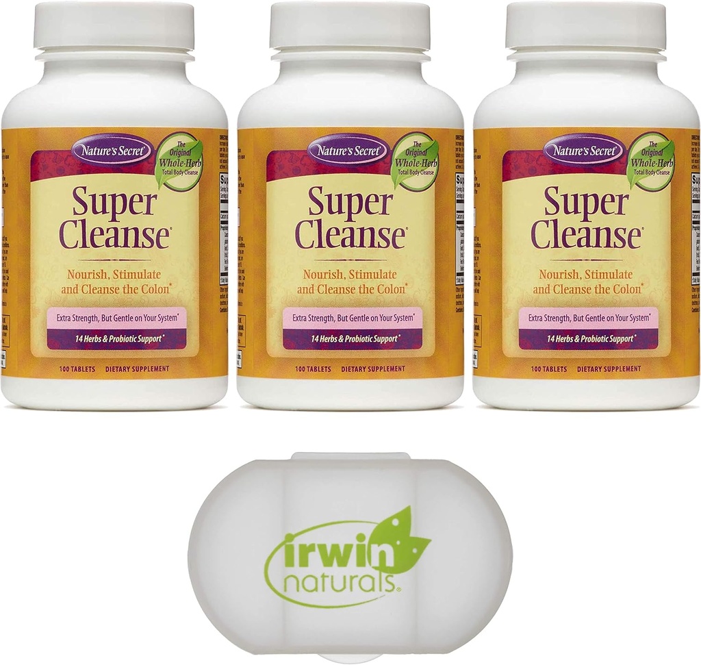 Nature Secret Super Cleanse Extra Strength Détox à la Toxine et élimination douce Nettoyage total du corps, soutien de santé digestif et colon, 3 paquets de 100 comprimés, avec un étui à pilules