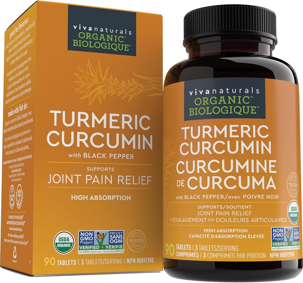 Viva Naturals Curcumin, 1500 mg, 120 comprimés – avec poivre noir pour l'absorption - pour le soutien conjoint et la défense cellulaire