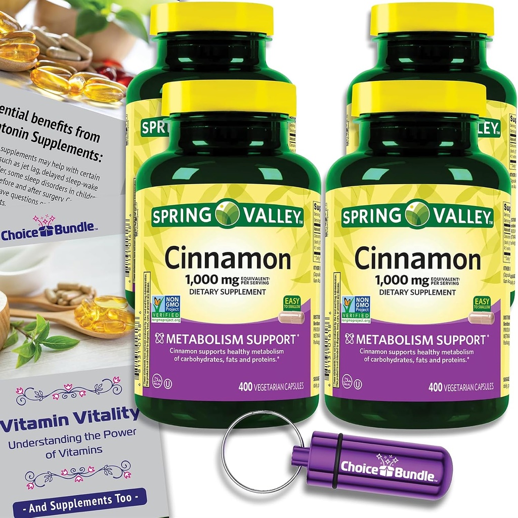 Choice Bundle Spring Valley Cinnamon Dietary Supplement 1000mg 400 ct Capsules végétariennes 4 pk (1600 Total) + Vitamine Vitalité.