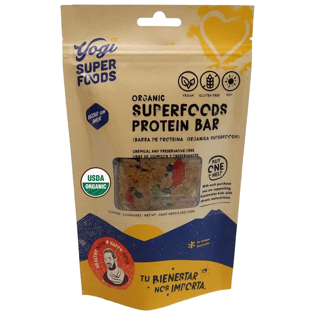 Yogi Super Foods Barres protéinées de Maca avec Cacao pour une énergie saine - Raw, Vegan, sans gluten, faible glycémie Barres de snack alimentaire avec protéines végétales, poudre de cacao et Granola - 4 barres