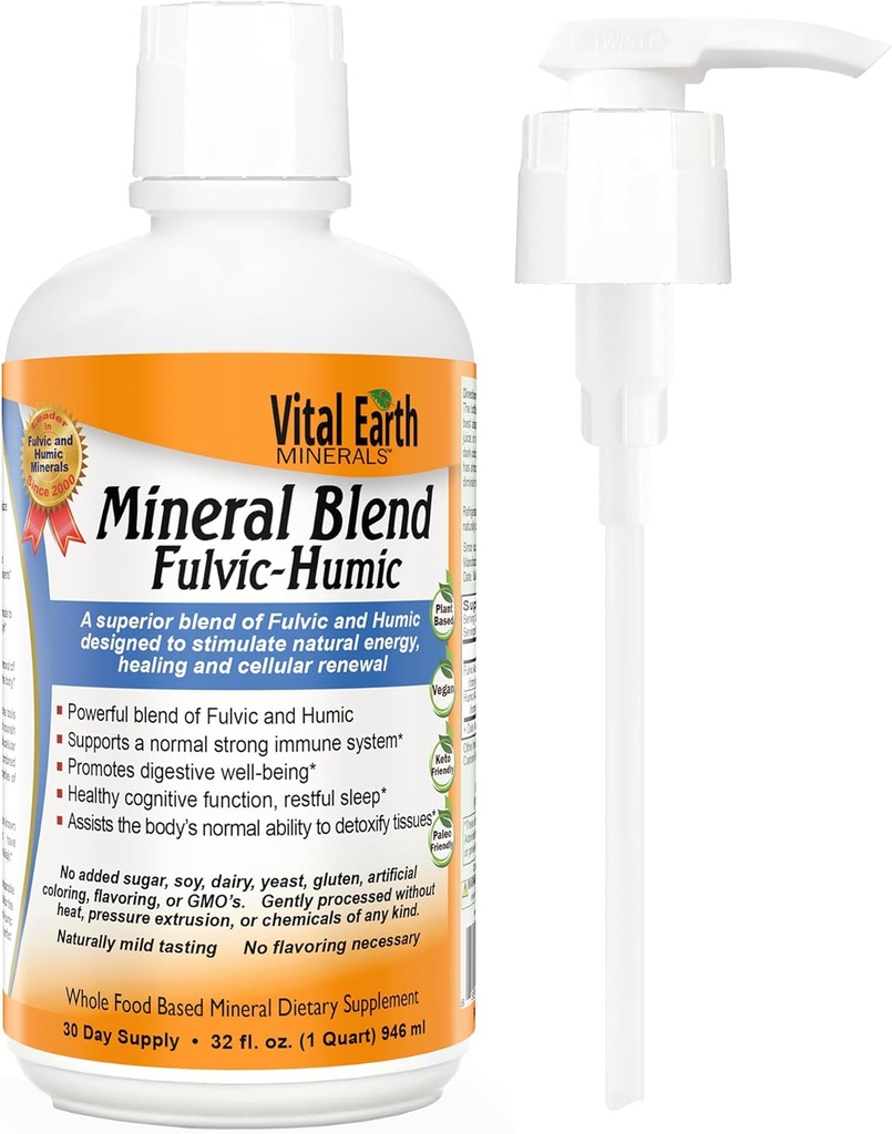 Minéraux de Terre Vital Fulvic Humic Mineral Blend Liquide avec Pompe – Supplément Acid Fulvic avec 70+ Trace Minerals, Electrolytes pour la récupération, équilibre et énergie, 32 Oz