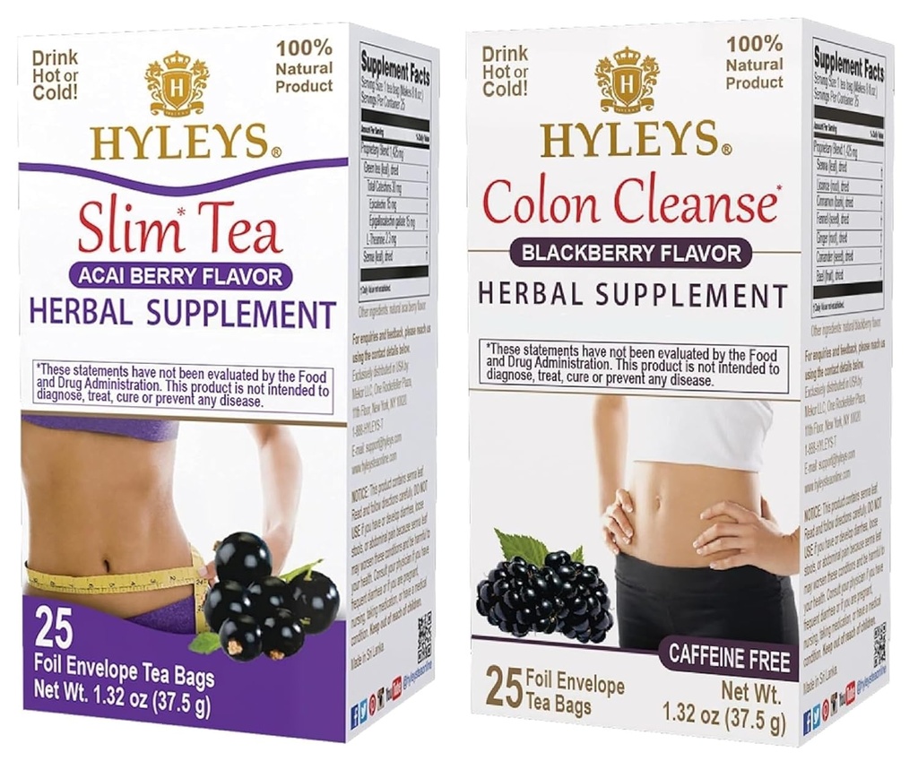 Hyleys Suppléments de poids Ensemble de thé - Slim Tea & Colon Cleanse - 50 Sacs à thé Total (2 Pack)