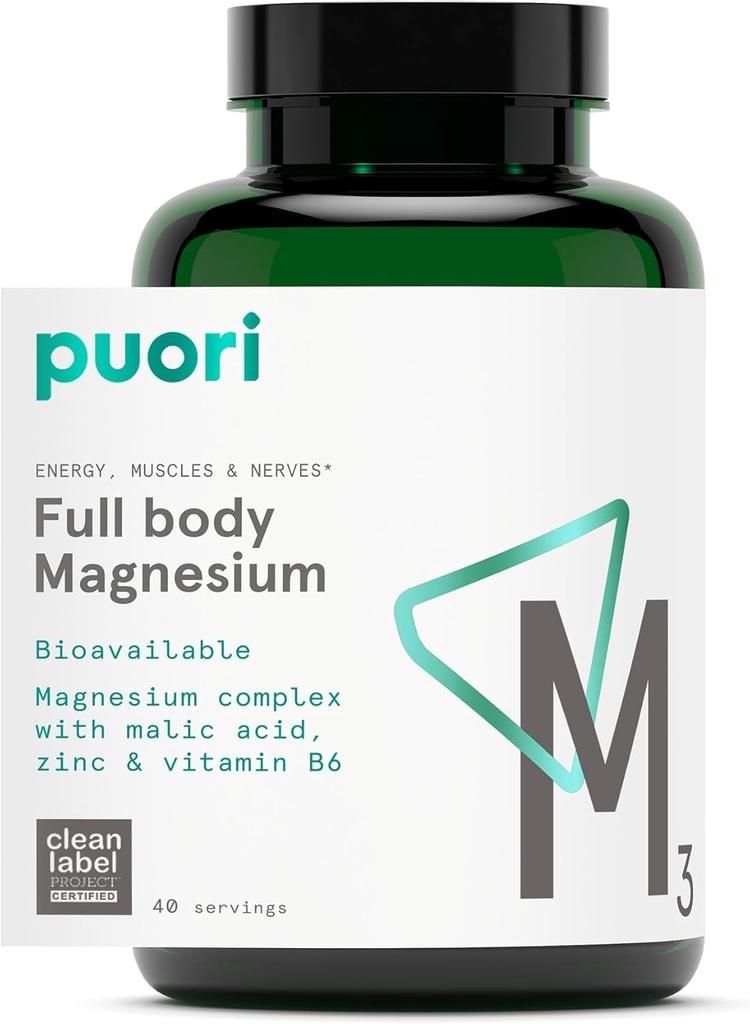 Supplément complexe de magnésium Puori - Taurinate de magnésium et gluconate de magnésium à haute absorption, zinc, vitamine B6 et acide malique pour le sommeil, la santé immunitaire et osseuse et la récupération des muscles - 120 capsules véganes