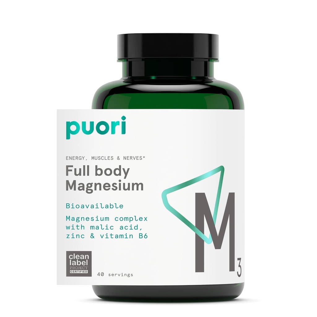 Supplément complexe de magnésium Puori - Taurinate de magnésium et gluconate de magnésium à haute absorption, zinc, vitamine B6 et acide malique pour le sommeil, la santé immunitaire et osseuse et la récupération des muscles - 120 capsules véganes