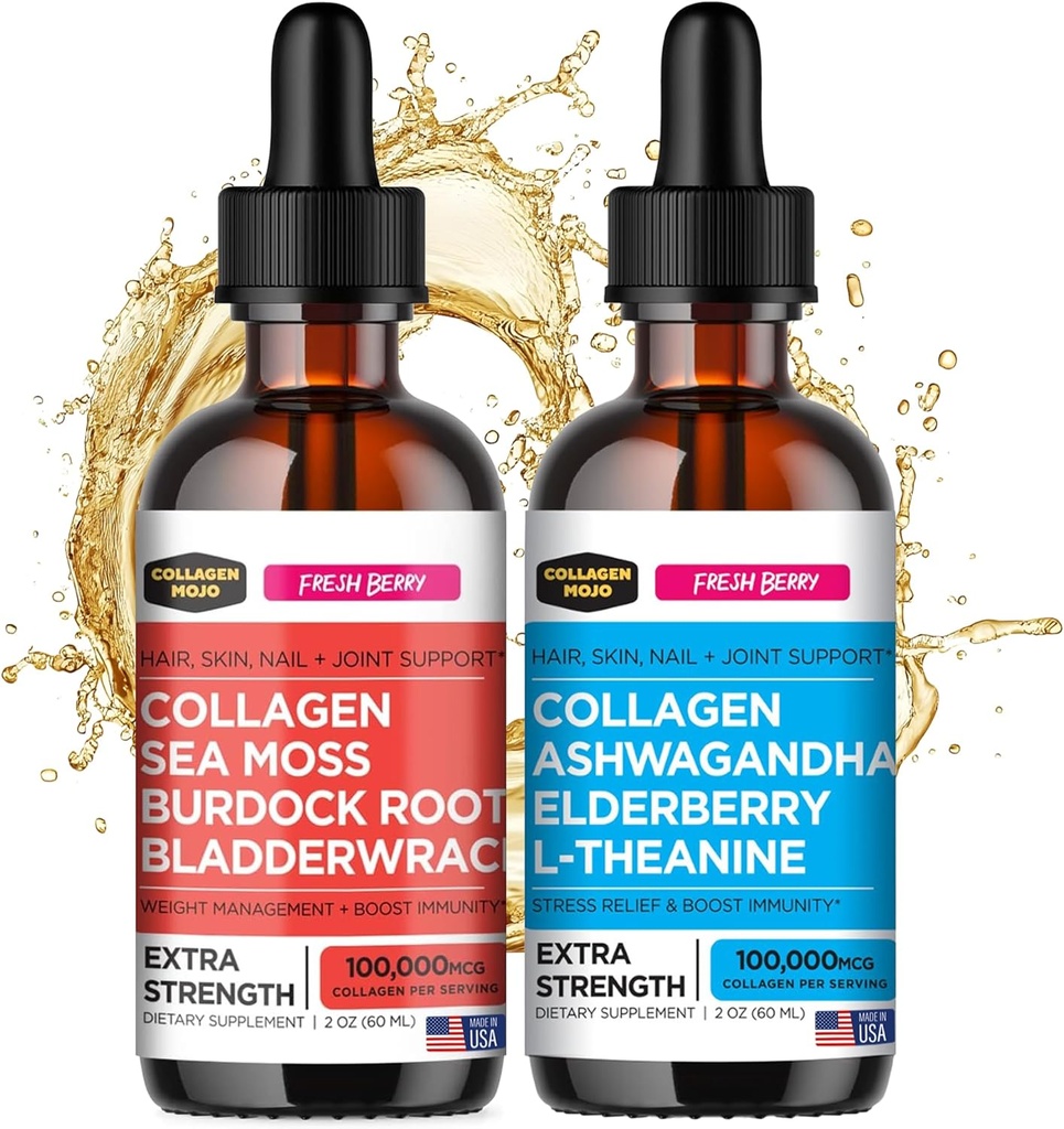 Peptides de collagène liquide de Mojo avec la mousse de mer, la racine de Burdock & Bladderwrack + Peptides de collagène liquide avec Ashwagandha, Elderberry & L-Theanine