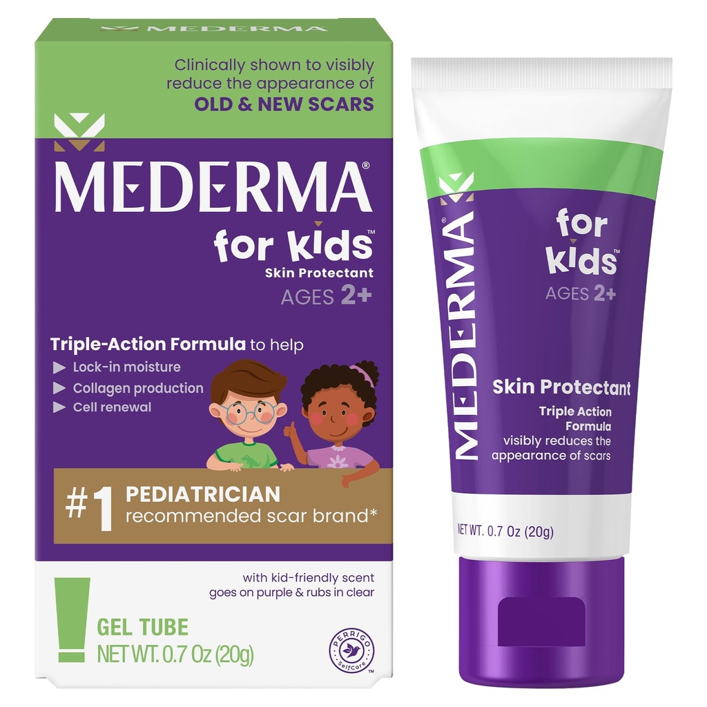 Gel de cicatrice Mederma pour les enfants - Réduit l'apparence de vieilles et nouvelles cicatrices de coupures, brûlures, chirurgie, piqûres d'insectes et de copeaux, parfumé au raisin, va sur le pourpre et rubis dans clair, 2+ ans, 0,70 Oz