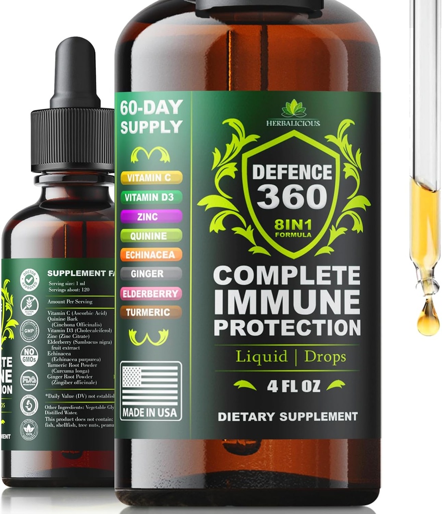Défense360 Immune Support 8-en-1 Supplément liquide avec vitamine C, D3, zinc, sureau, échinacées, curcuma, gingembre et quinine – Protection immunitaire complète (4 FL OZ)