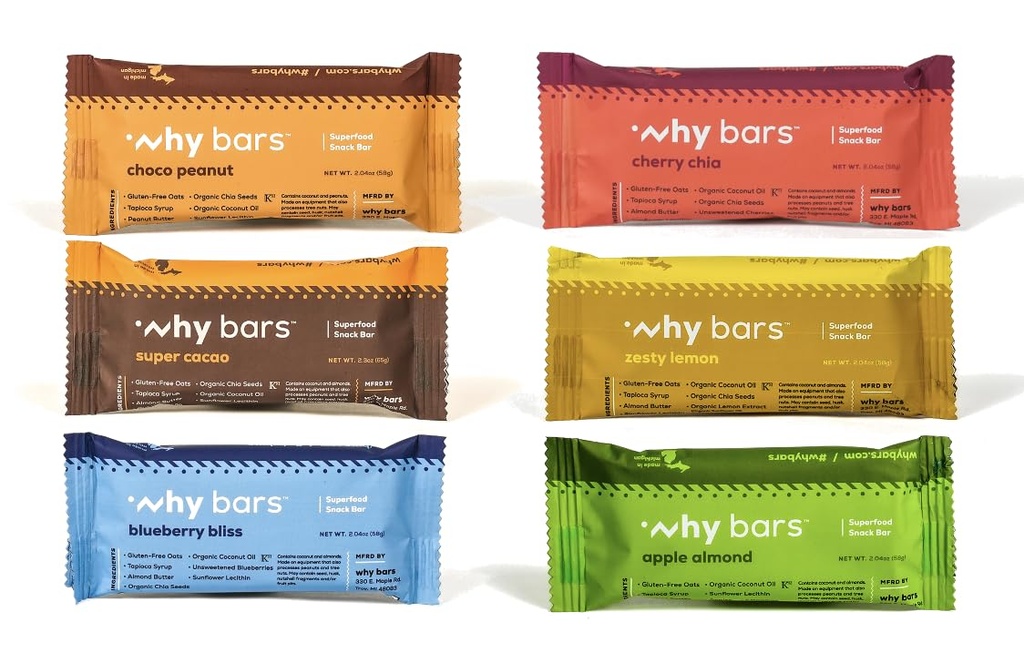 Pourquoi Bars, Barres de protéines, Boîte de variétés, 2.04 Bars d'Once (paquet de 12 barres de protéines) - Superaliment de la barre de protéines, sans gluten, sans OGM, biologique, végétalien, ingrédients simples