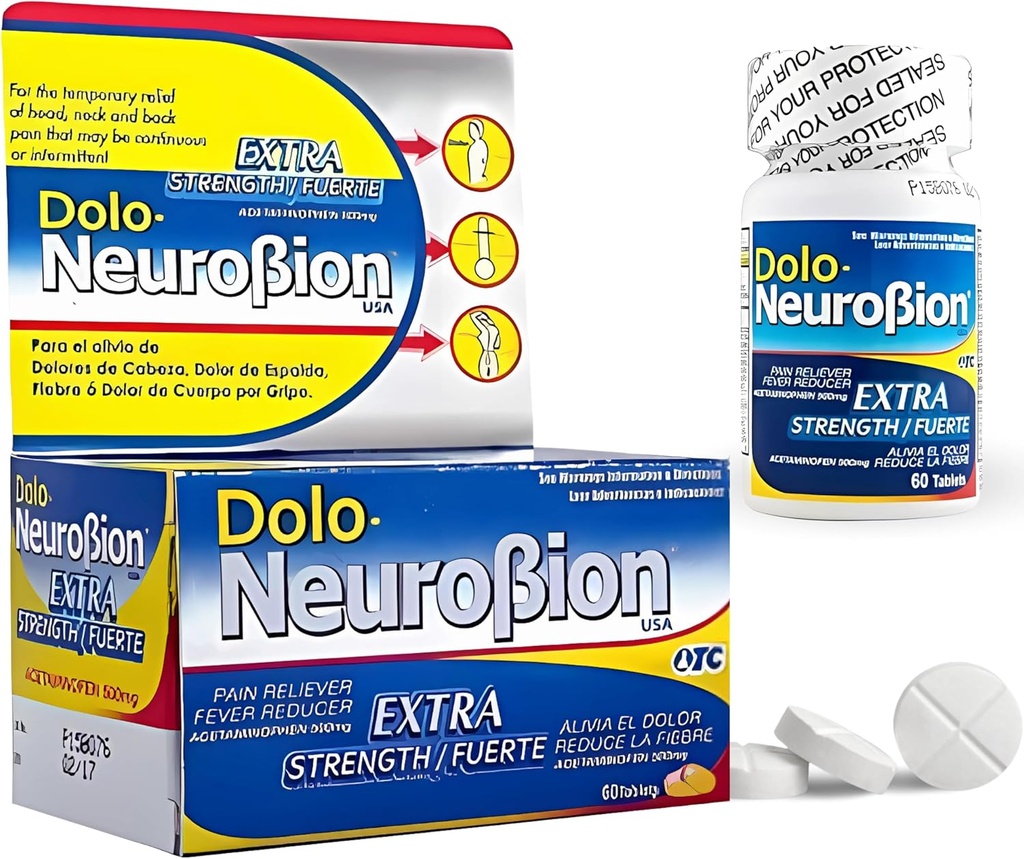 Dolo Neurobion analgésique, réducteur de fièvre, force supplémentaire. Alivia el Dolor, Reduce la Fiebre, Extra Fuerte. 60 comprimés. Acétaminophène 500 mg