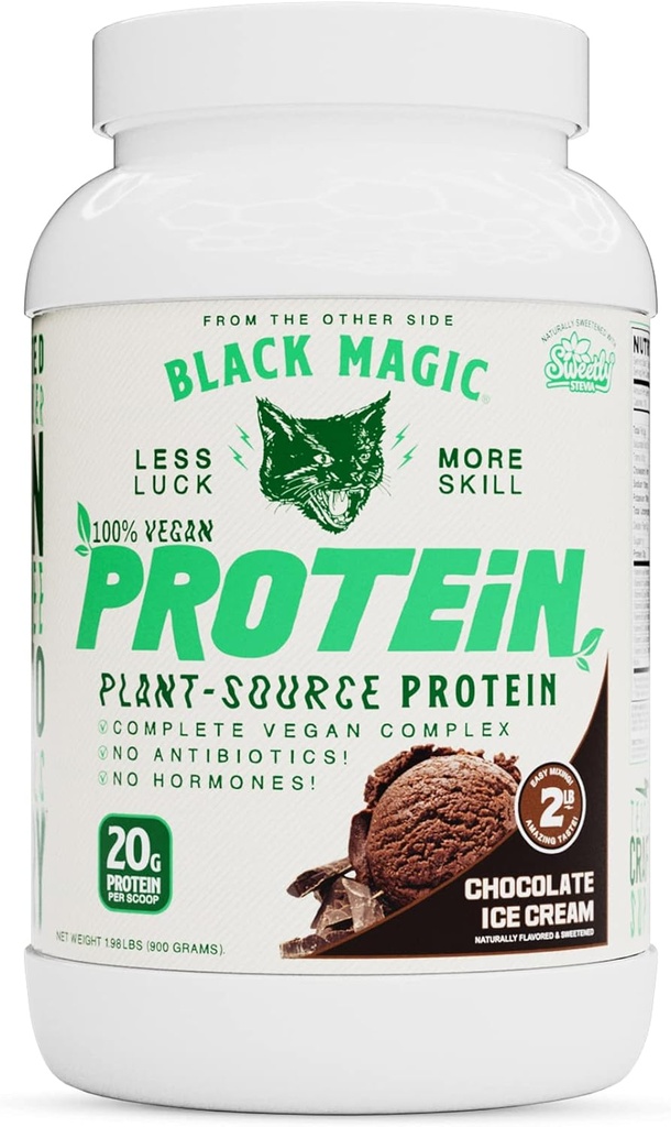 Black Magic Plant-Source 100% Vegan Protein - Keto, faible teneur en sucre, sans protéines laitières - Pré/après entraînement - Crème glacée au chocolat - 20g Protéine - 2 LB