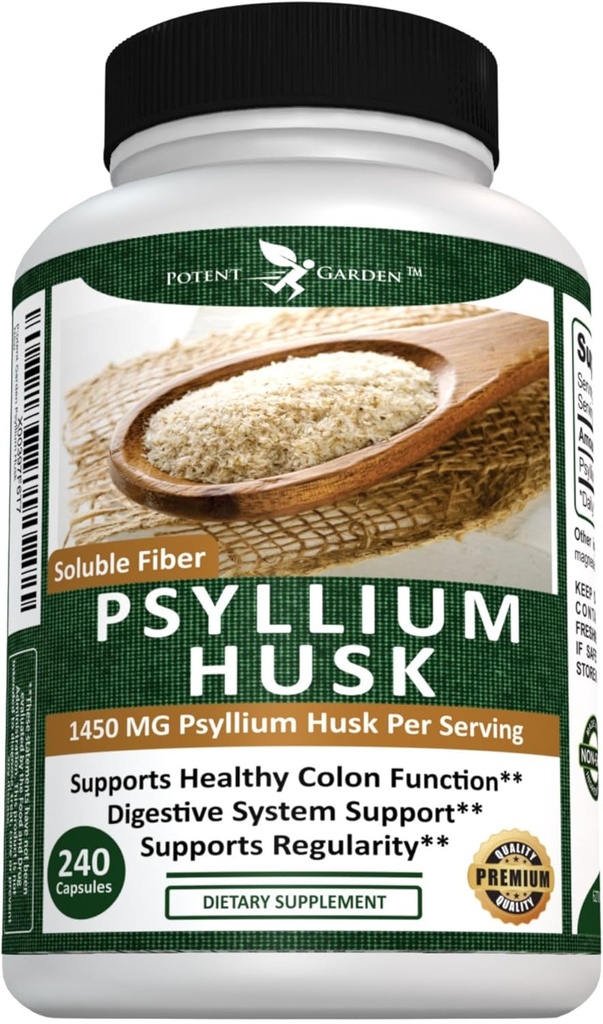 Potent Garden Psyllium Husk Capsules Toutes naturelles et puissantes complément de fibre alimentaire soluble aide à soutenir la régularité et la digestion, 240 capsules