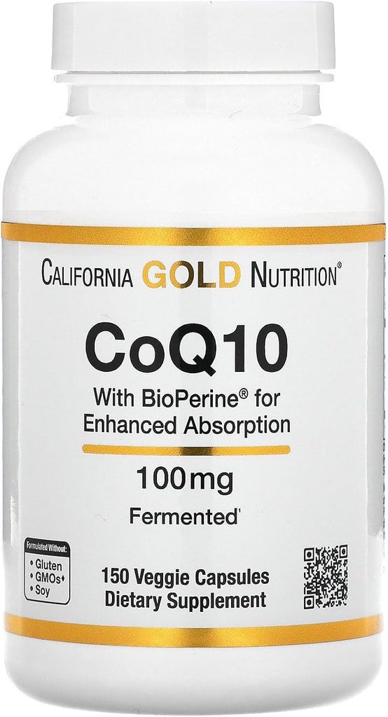 CoQ10 par California Gold Nutrition - USP-Verified, Fermented Coenzyme Q10 avec BioPerine - Mitochondrial Support - Vegan Friendly - Sans gluten, sans OGM - 100 mg - 150 Capsules de Veggie