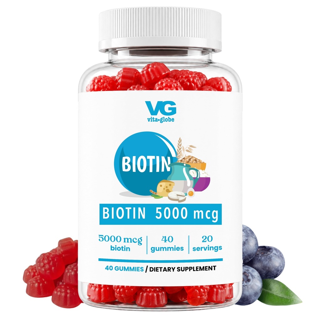 VITA GLOBE Biotine Gommies 5 000 mcg – Support extra-fort des cheveux, de la peau et des ongles – Mélange de saveur de baies, végétalien, vitamine gommy non-OGM pour les femmes et les hommes – 40 Compte (paquet de 1)