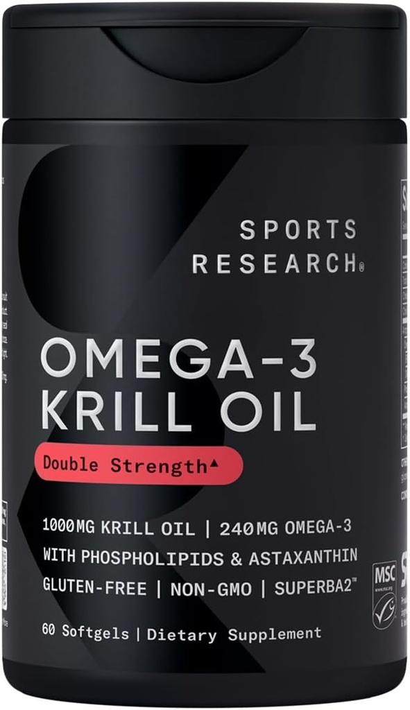 Sports Research® Omega-3 Krill Oil 1000mg - Pure Antarctique Superba Krill avec Phospholipides, Choline et Astaxanthine - Certifié MSC durable · Non-OGM · Sans gluten - 60 Softgels