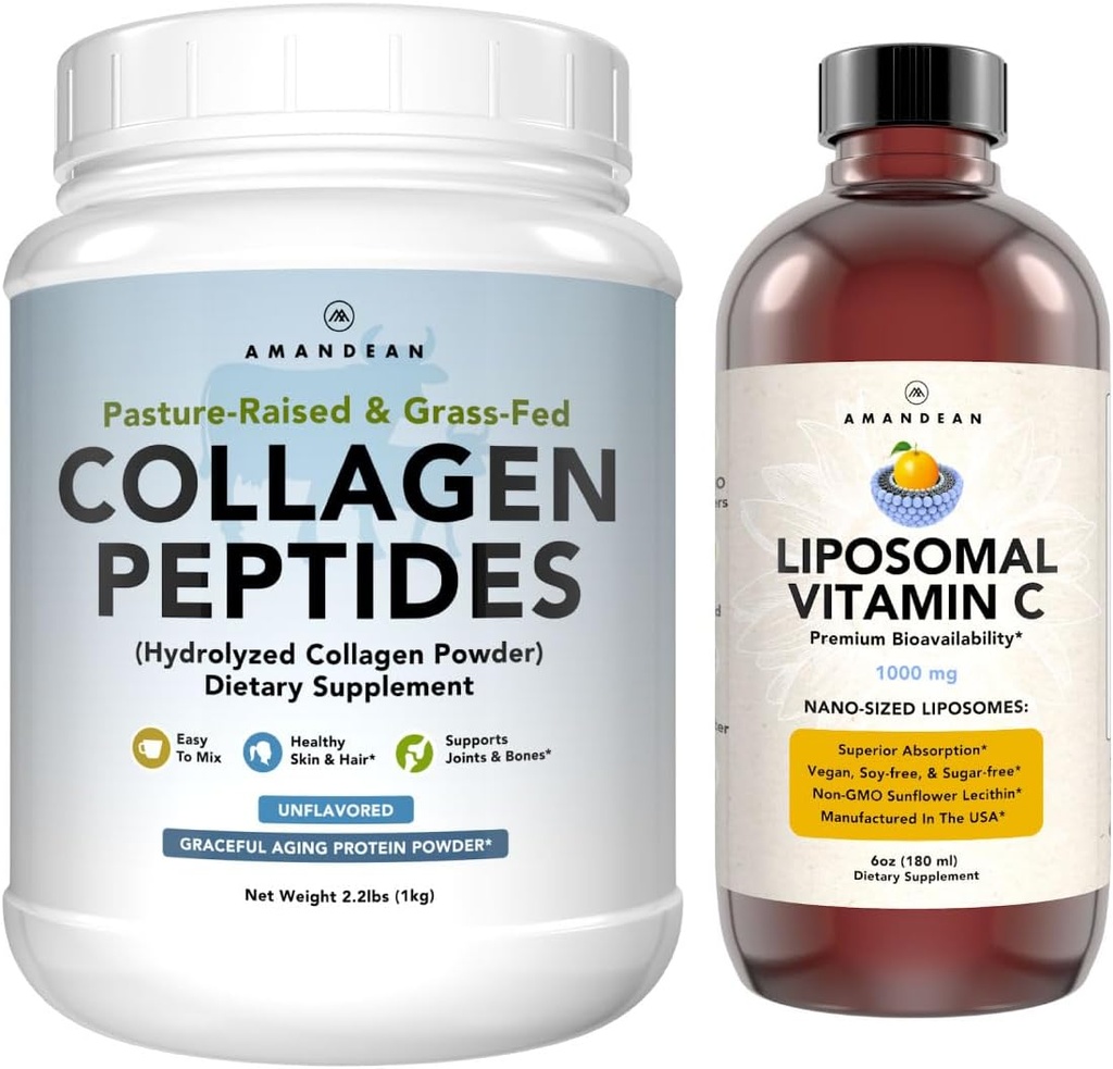 Amandean Premium Liposomique Vitamine C et Bovine Collagen Peptides Bundle. Puissant Antioxydant. Liquid Quali-C. Collagène à gazon. Hydrolysée de type 1 et 3. Peau, cheveux et ongles sains