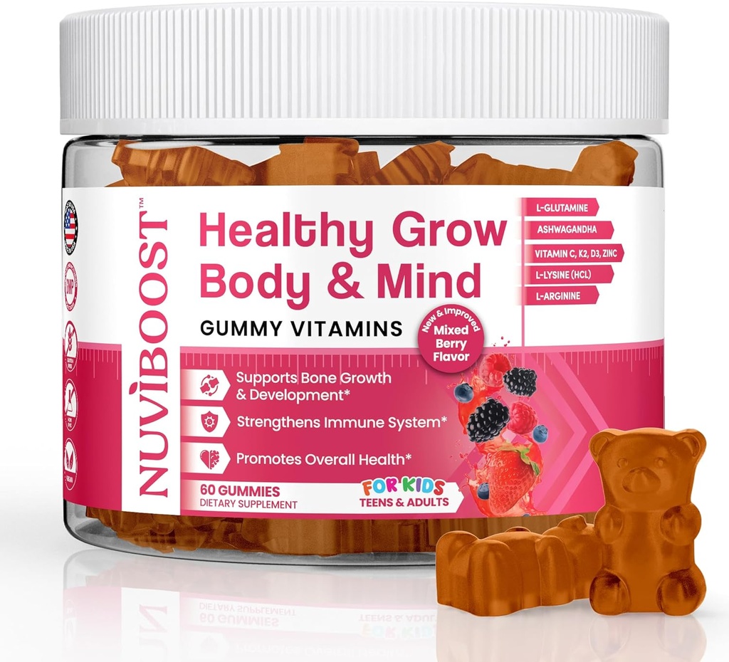 Gommies riches en calcium, vitamines C, D3, K2, L-Arginine, Ashwagandha, et autres, Boost Bone Health & Immunity, Multivitamine, pour les enfants 5+, les adolescents et les adultes.