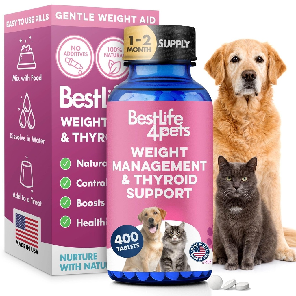 Soutien de poids et de thyroïde pour chiens et chats, solution naturelle pour le contrôle de la faim, support de métabolisme, fonction thyroïdienne optimale, perte de poids efficace chien et chat, 400 pilules sans odeur, sans goût