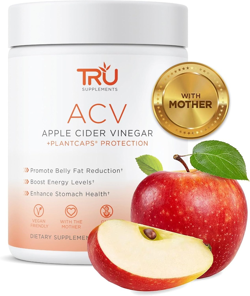 Suppléments TRU vinaigre de cidre de pomme, vinaigre de cidre biologique avec la mère, améliore la digestion et la santé de la peau, 45 portions, 1000mg