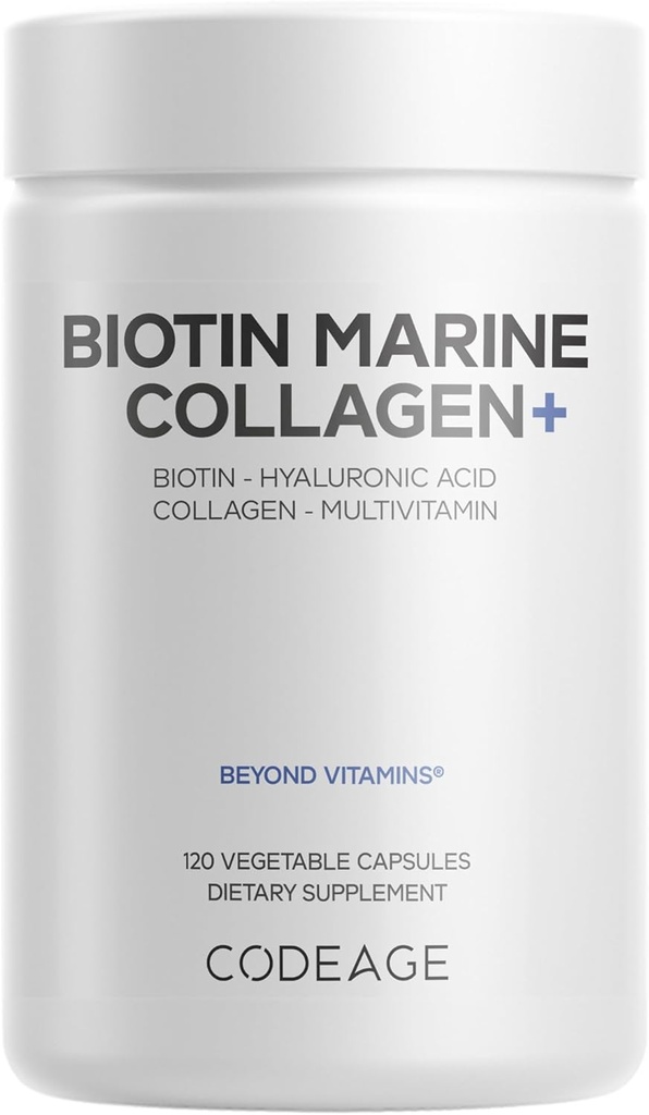 Codeage Biotine Peptides de collagène marin - Collagène marin sauvage de types I et III, Biotine, Vitamines C et E, acide hyaluronique, acides aminés, mélange de fruits et d'herbes, non-OGM - 120 capsules