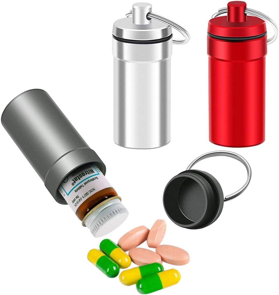 3 Packs Etanche en aluminium Pill Fob Container, EFFIET Nitro Bouteille Porte-Bouteille Nitroglycérine Pill Cas Porte-clés d'urgence Pill Holder pour Distributeur Organisateur de Médecine (Silver-Matt-Red)