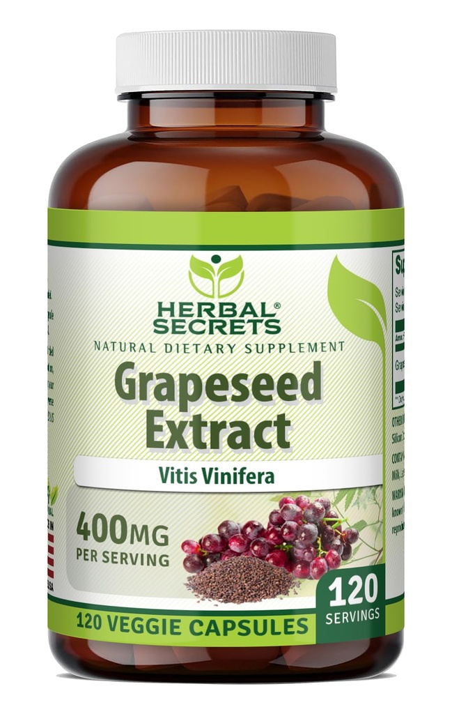 Herbal Secrets Extrait de graines de raisin 400 mg 120 Gélules Supplément - Non-OGM - Sans gluten