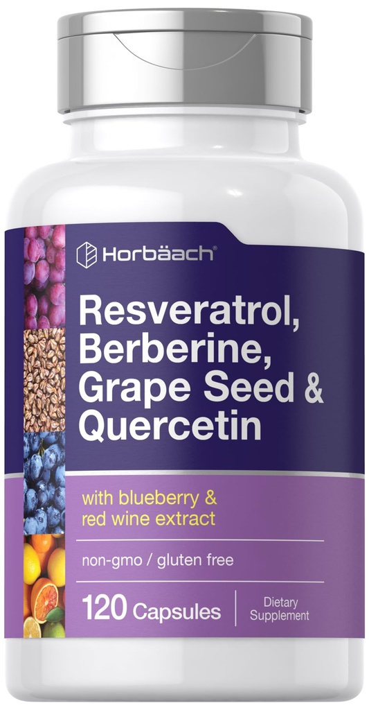Horbäach Resvératrol Graines de raisins berbères et Quercetin avec extrait de bleuets et de vin rouge de 120 capsules