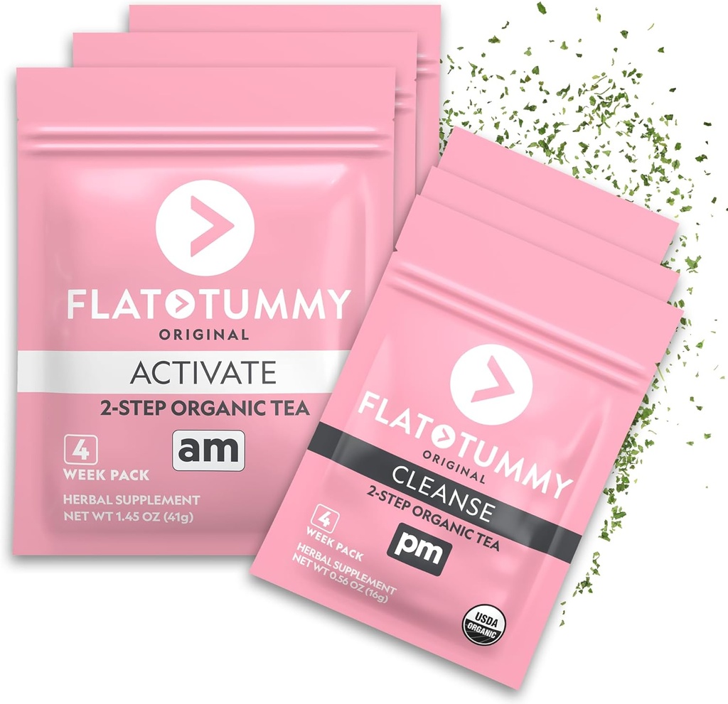 Thé de désintoxication à plat (4 semaines) – Thé de désintoxication à 2 étapes pour stimuler l'énergie et réduire le ballonnement* - Tout le nettoyage de désintoxication naturelle avec thé vert, baume de citron, dandelion, fenouil, et plus - Support de digestion (3 paquets)