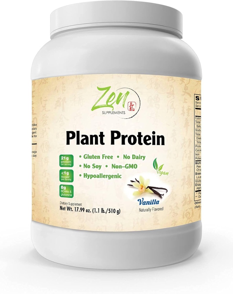 Suppléments Zen - Protéines végétales-Vanilla 510G 1.1LB-Powder- 25 grammes de protéines par portion -Vegan, faibles glucides nets, non laitiers, sans gluten, sans lactose, sans sucre ajouté, sans soja, sans casher, sans OGM