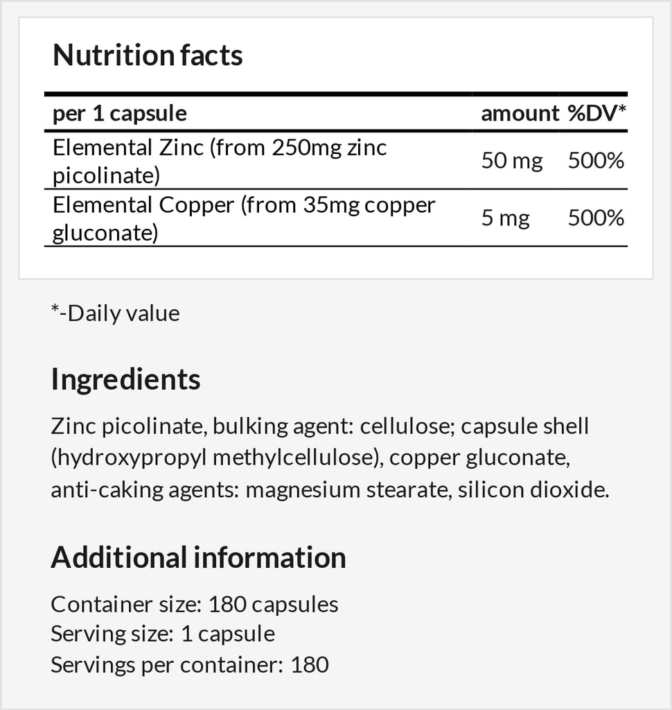 Z-Balance - Zinc 50mg + Cooper 5mg - 180 Capsules Vegan - 6 mois d'approvisionnement - Zinc picolante et Cooper supplément gluconate pour cheveux, peau et ongles sains - par l'hégémonie d'Apollon