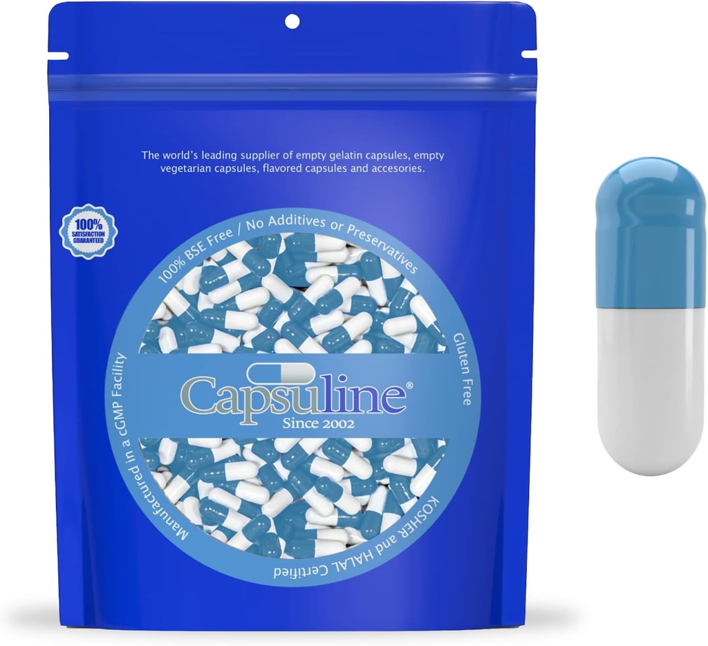 Capsuline Colored Size 0 Empty Gelatin Capsules Blue/White 5000 Count |Kosher & Halal Certified |Gluten Free
