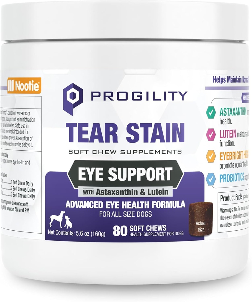 Nootie Progility Tear Stain Supplément pour chiens, formule de santé des yeux avancée, aide à minimiser les étamines, 80 Chews, vendu dans plus de 5 000 cliniques et magasins d'animaux dans le monde entier