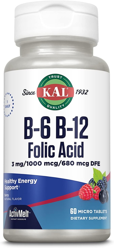 KAL Vitamine B-6, B-12 et supplément à l'acide folique, santé cardiaque, énergie et soutien des cellules du sang rouge*, avec vitamine B12 méthylcobalamine et folate, saveur de baie naturelle, 60 portions, 60 comprimés micro ActivMelt