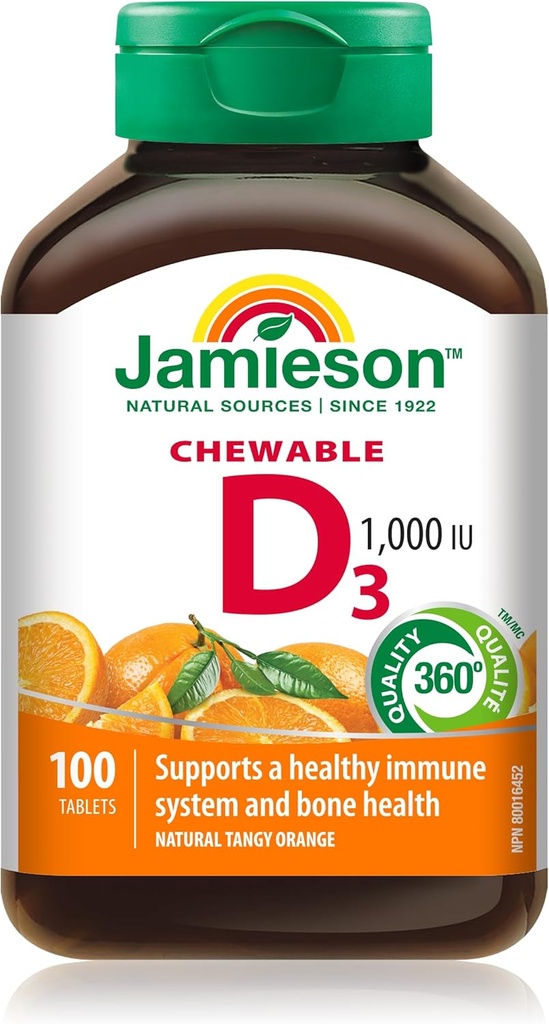 Jamieson Natural Tangy Orange Chewable Vitamine D 1000IU 100 comprimés