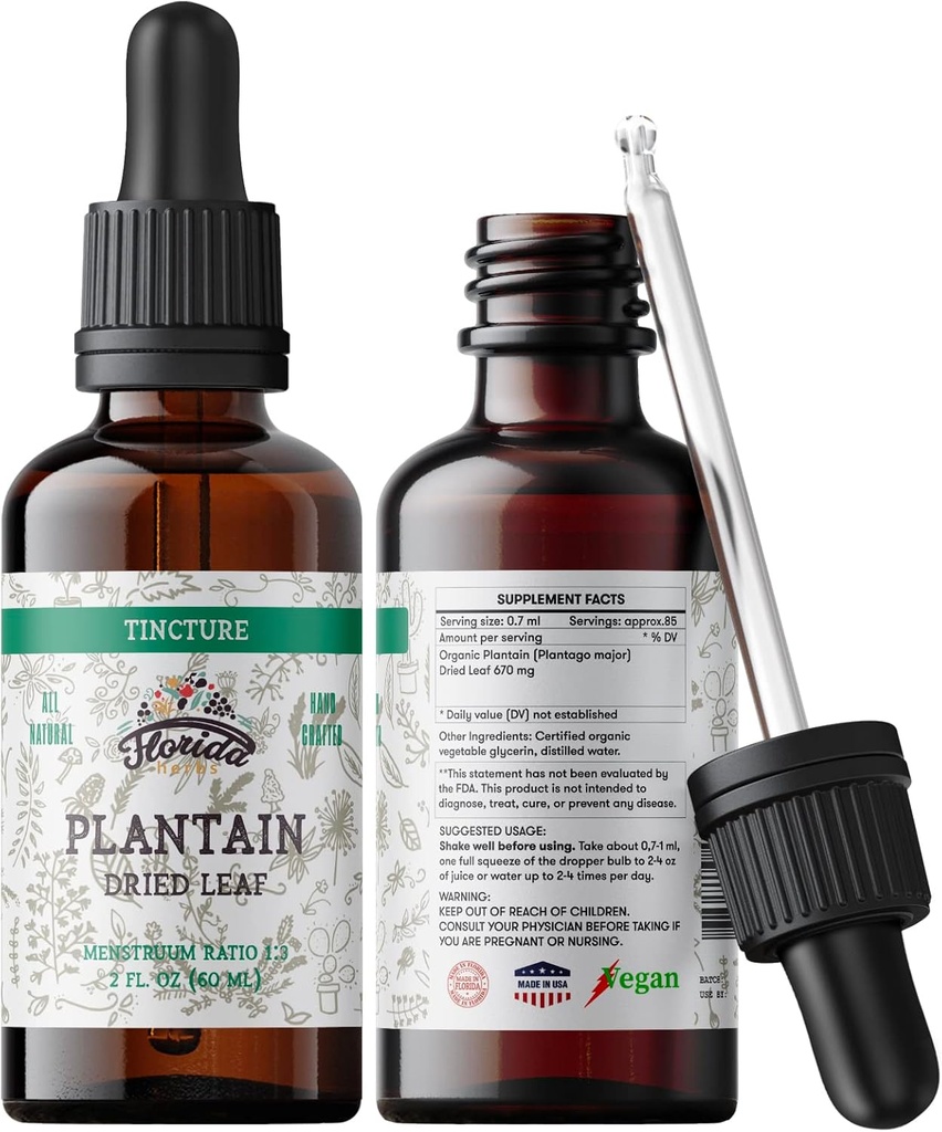 Teinture de plantain, Extrait de plantain biologique (Principale Plantago) Supplément de santé aux feuilles séchées, non-OGM dans la glycérine végétale biologique pressée à froid 2 oz, 670 mg