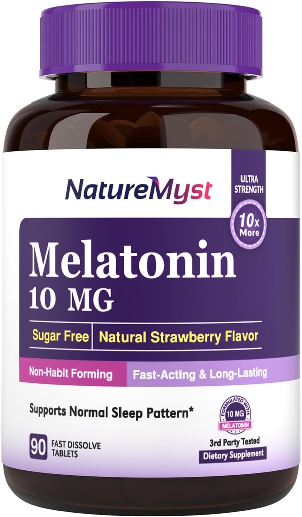 Melatonine 10 MG, Comprimés à dissolution rapide, Ultra-forte, Forme non-habitante, Soutien du sommeil et du calme, Pas de sucre, Saveur naturelle de fraise, 90 comprimés