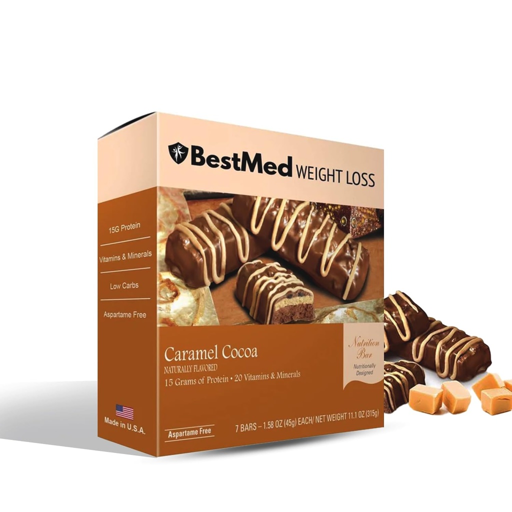 BestMed - Barre de nutrition à haute teneur en protéines - faible teneur en glucides, 15g de protéines, faible teneur en sucre, fibre haute, faible teneur en calories, barre de remplacement des repas (Cocoa caramel, 1 boîte - 7 chiffres)