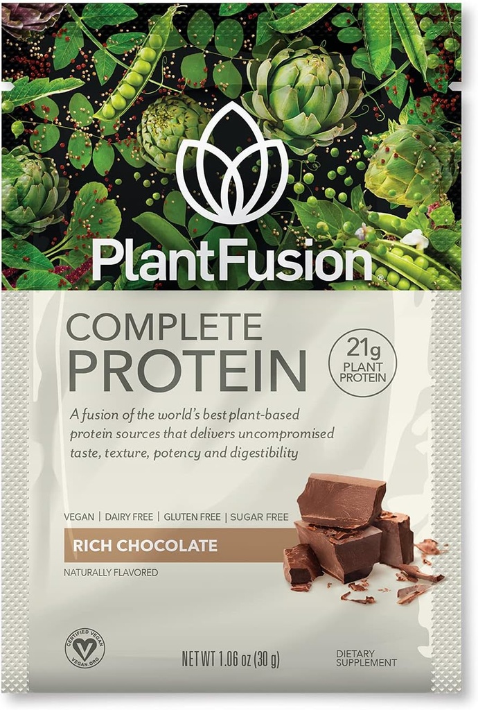 PlantFusion Poudre de protéines végétaliennes complète - Poudre de protéines végétales avec BCAA, enzymes digestives et protéines de pois - Keto, sans gluten, sans soja, sans lait, sans sucre, sans OGM - boîte de chocolat de 12