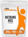 BulkSupplements.com Poudre de HCl bétaïne - Supplément de chlorhydrate de bétaïne, Soutien digestif - Sans gluten, 750mg par portion, 500g (1,1 lb) (paquet de 1)