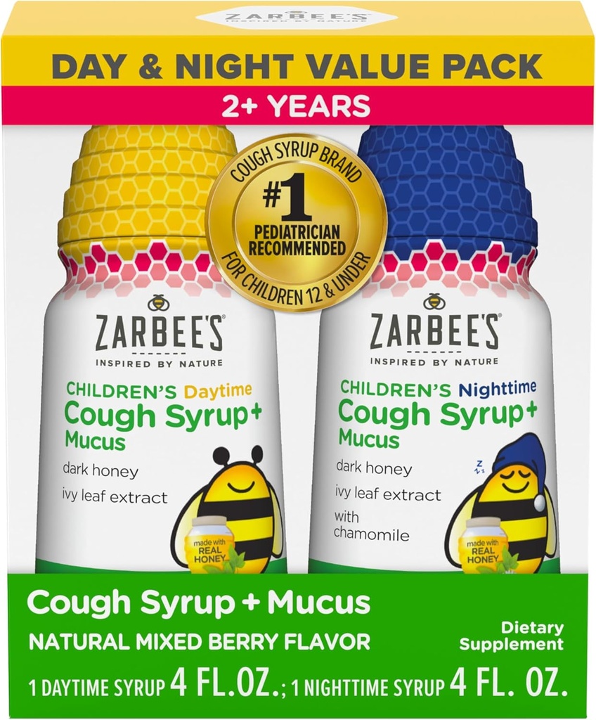 Les enfants de Zarbee Chair Syrup + Mucus Day & Night Value Pack, Daytime & Night Toddler Syrup, Miel foncé, Extrait de feuille d'Ivy, Camomille, Mixed Berry Flavor, 2X 4 Fl Oz